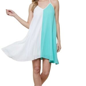Altar'd state colorblock white and aqua blue sleeveless swing dress